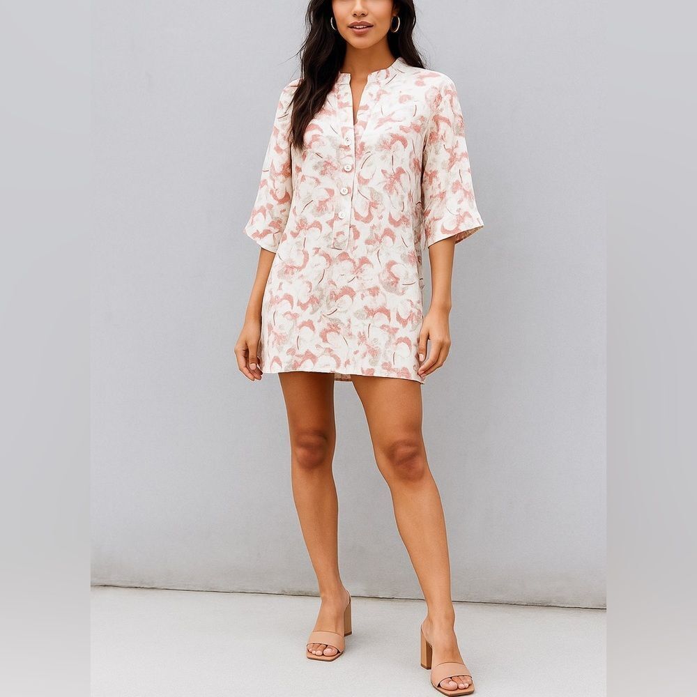 Tucker Silk Button Front Tunic Shirt Dress – Pink Cream Floral Petals, Size M